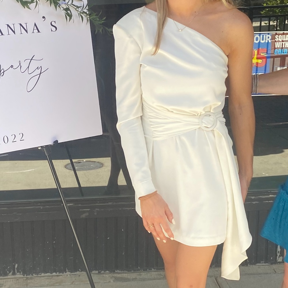 amanda uprichard white one shoulder long sleeve mini dress, size XS
